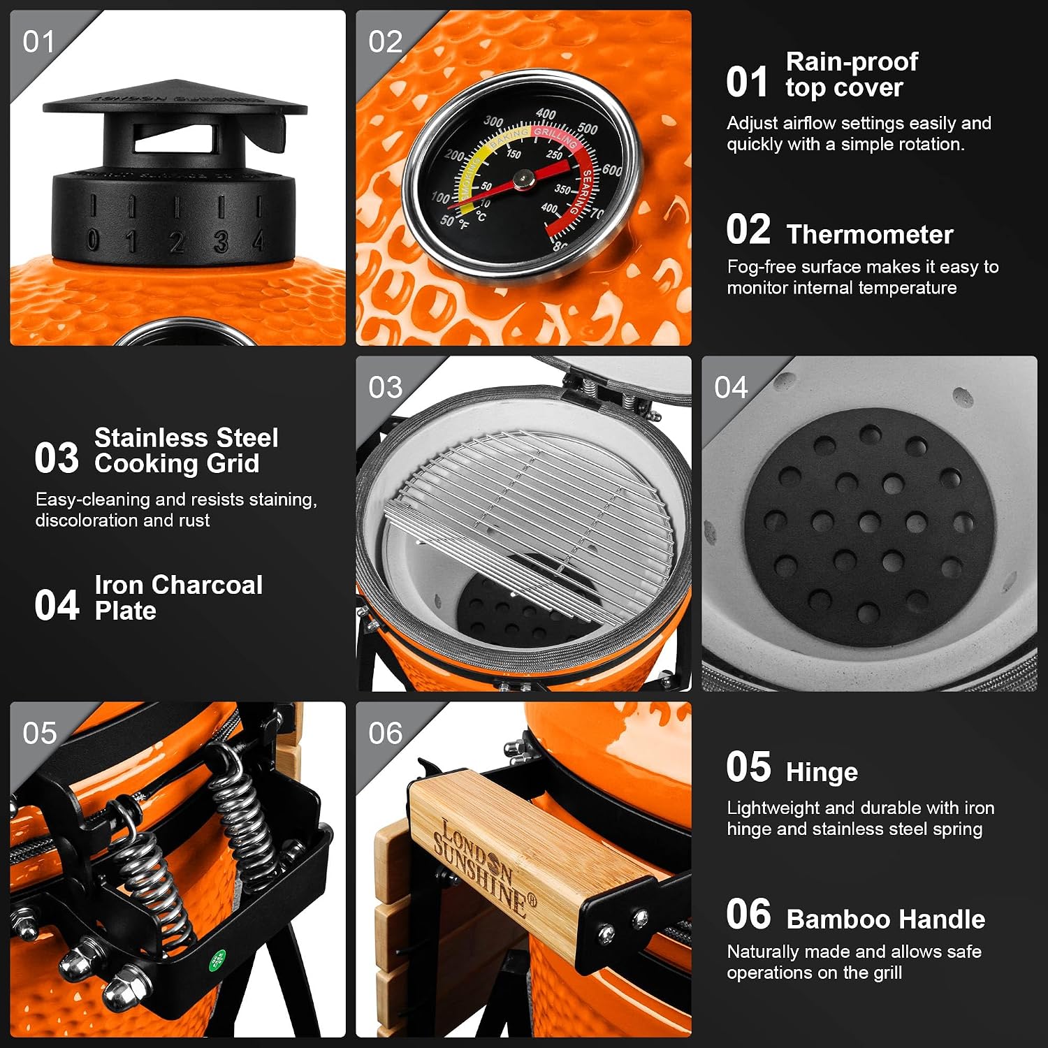 London Sunshine 15-inch Ceramic Kamado Charcoal BBQ Grill & Smoker with Locking Casters, Foldable Side Shelves, Stainless Steel Grates, and Tall Stand (Orange)