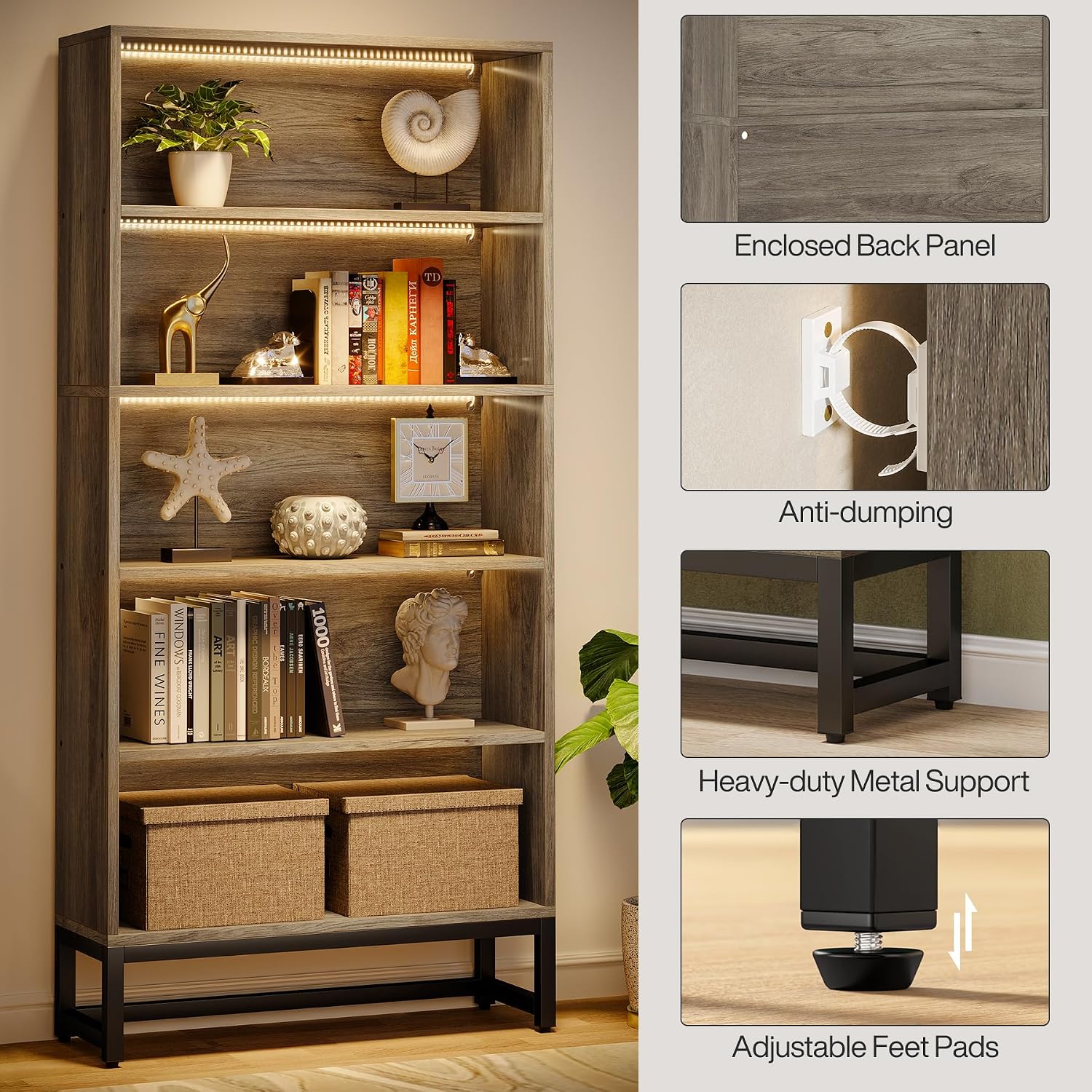 Tribesigns Tall Bookcase Bookshelf, 70.8' Large Bookcases Organizer with LED Lights, Heavy Duty Free-Standing Library Bookshelf with 5-Tier Storage Shelves for Living Room, Bedroom (Gray)