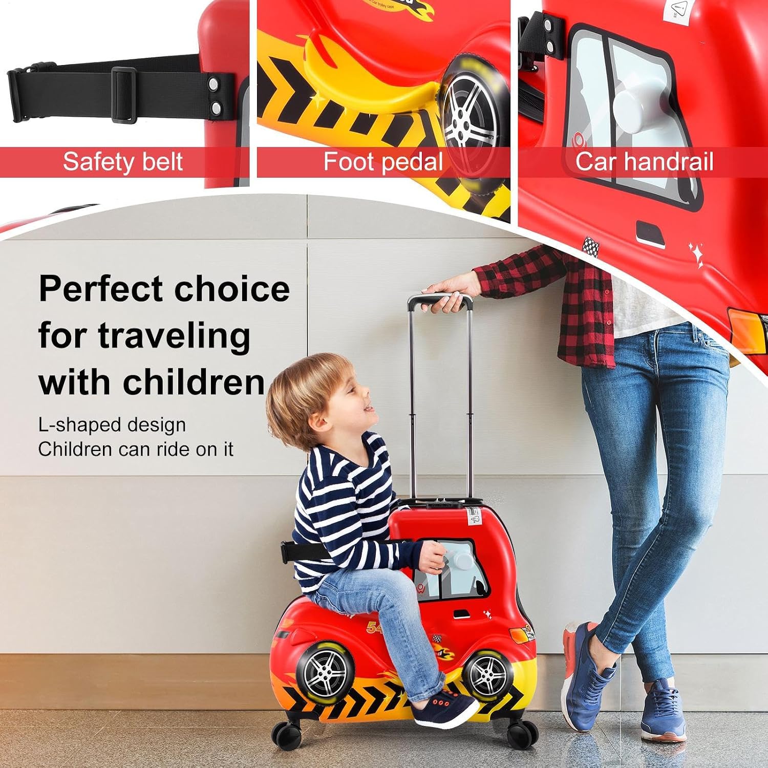 24 Inch Kid's Ride on Suitcase, Travel Rolling Luggage with Wheels Carry Trolley Luggage with Password Lock, Children's Ride On Suitcase to Kids Aged 6-12 Years Old(Red)
