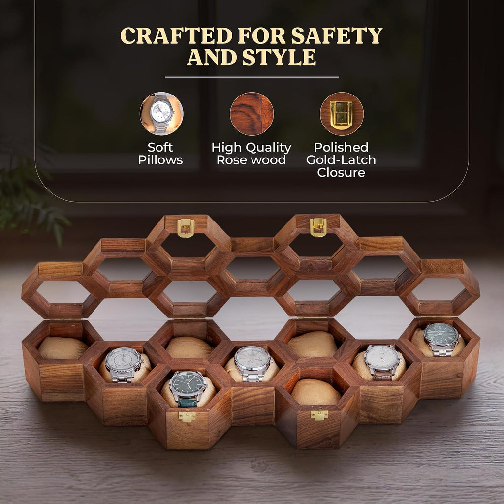 Men's Watch Box Organizer – Dark Rosewood Display Case with Glass Lid, Stylish Travel Watch Storage, Gift for Him (9 Slot)