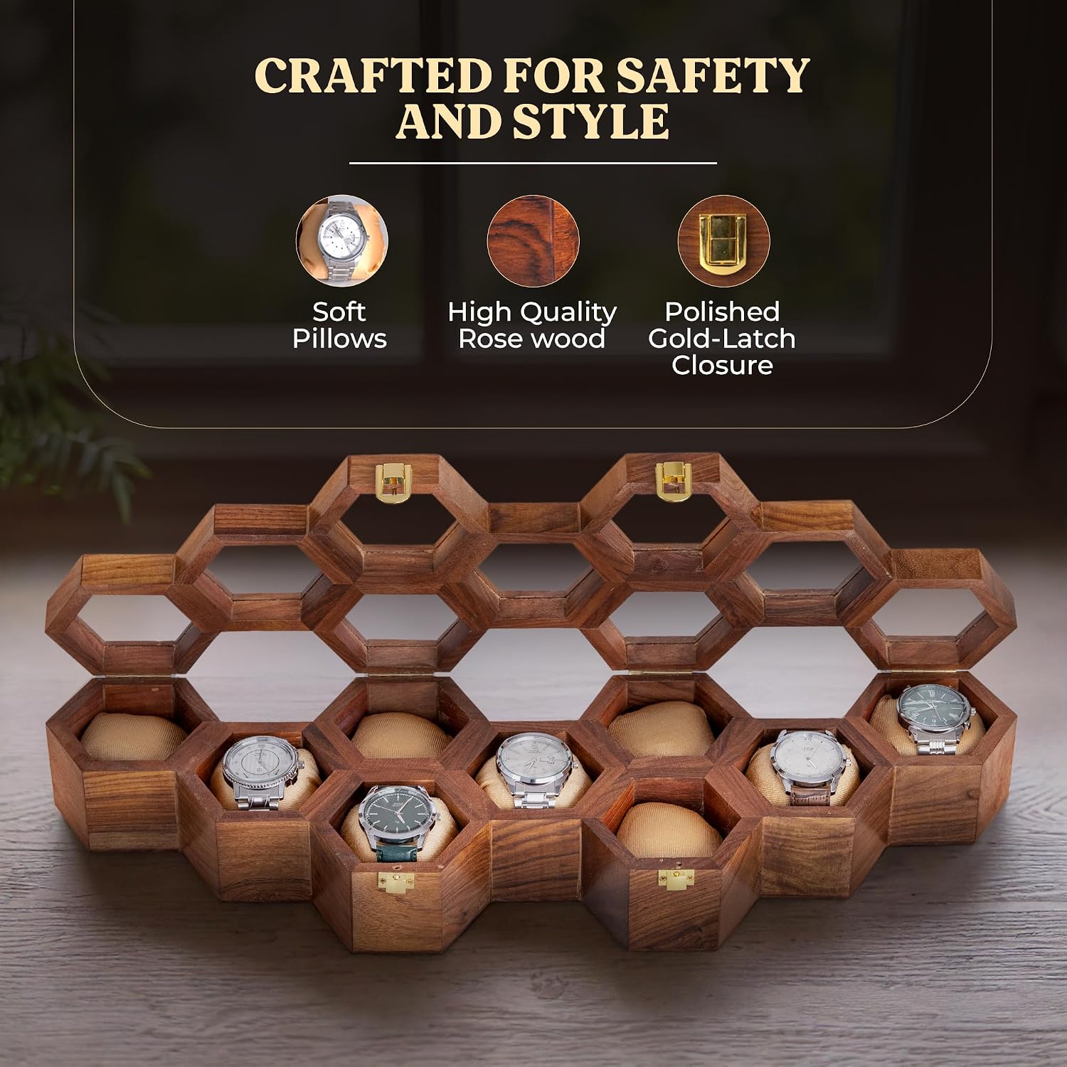 Men's Watch Box Organizer – Dark Rosewood Display Case with Glass Lid, Stylish Travel Watch Storage, Gift for Him (9 Slot)