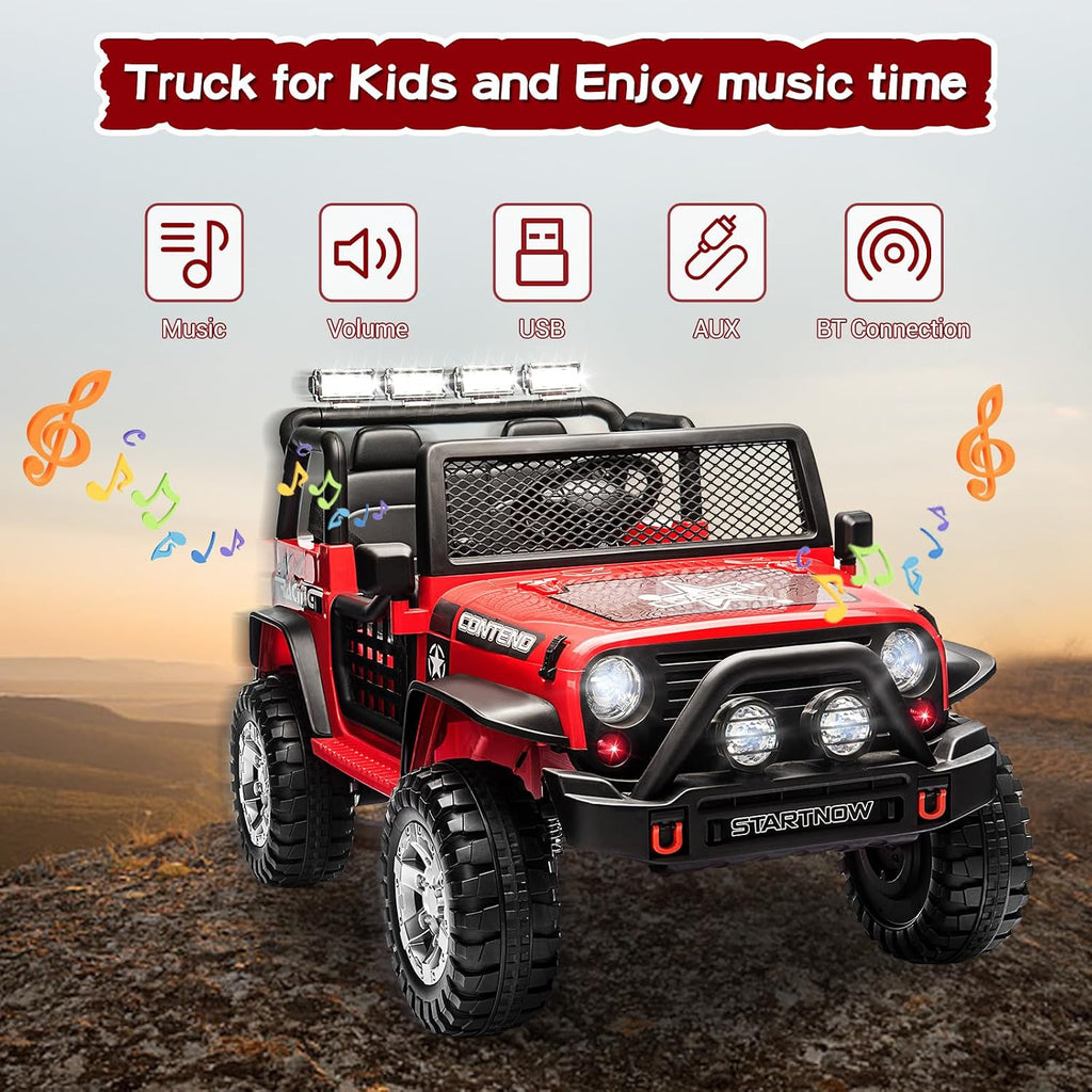 SEHOMY 2-Seater Ride on Truck, 12V Battery Powered Kids' Electric Vehicle w/Remote Control, 3 Speeds, Spring Suspension, LED Headlight, Horn, Music/ MP3, Safety Belt, Ride on Toys Car for Kids (RED)