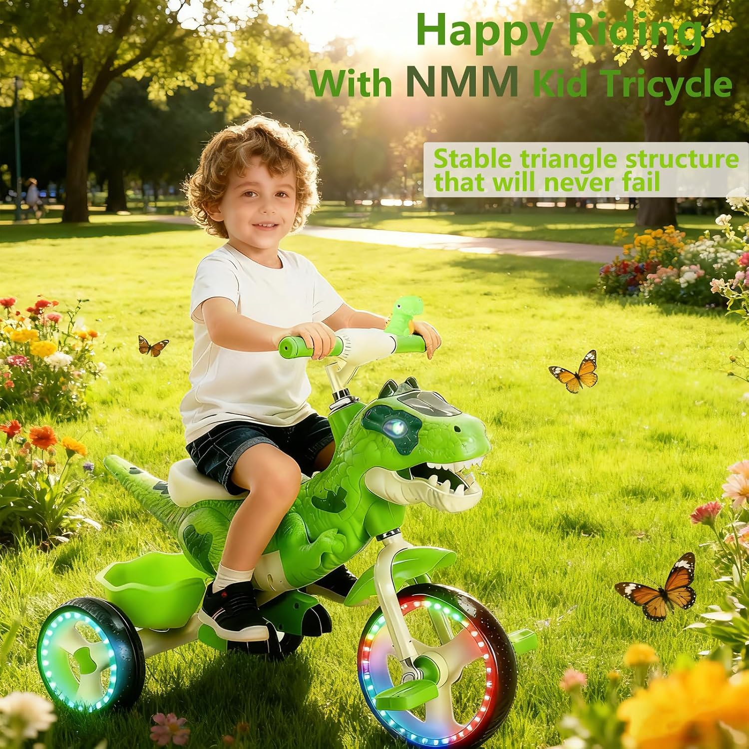 NMM Dinosaur Tricycle for Toddlers, Kids Trike with Music, LED, Tricycles for 3-5 Year Olds, for Rider, Big Wheel, Storage Basket, Horn, Toddler Bike for Boy, Dinosaur Toys for Kids 2-4 4-7