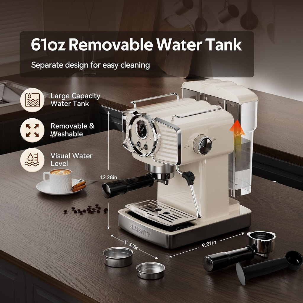SUMSATY Espresso Machine 20 Bar, Professional Espresso Maker with Milk Frother Steamer Wand, Retro Coffee Maker Cappuccino & Latte Machine for Home, 1.8L Removable Water Tank, Off-white