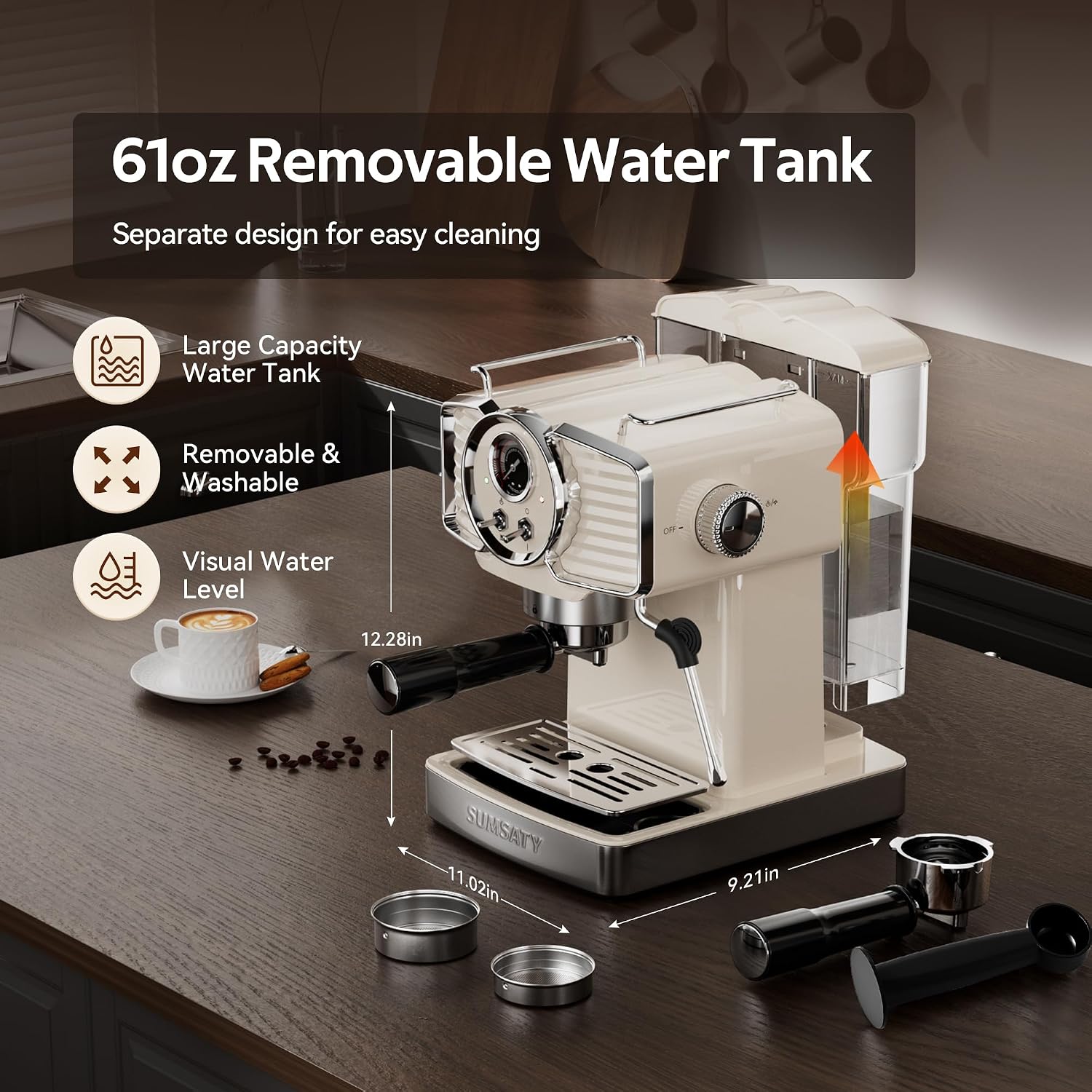 SUMSATY Espresso Machine 20 Bar, Professional Espresso Maker with Milk Frother Steamer Wand, Retro Coffee Maker Cappuccino & Latte Machine for Home, 1.8L Removable Water Tank, Off-white