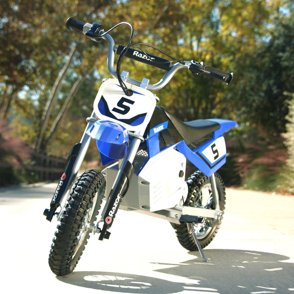 Razor MX350 Dirt Rocket Electric Bike for Kids Ages 8+, 140 lb Max Weight, Blue – 24V Battery, Up to 14 Mph, 30-Min Ride Time on High Speed, Twist-Grip Throttle, Spoked Wheels w/ 12' Pneumatic Tires