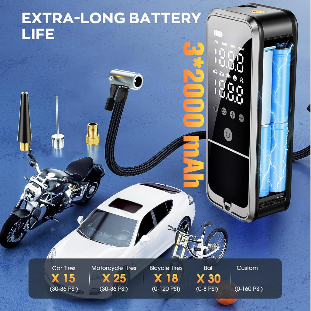 160PSI Tire Inflator Portable Air Compressor, 6000mAh Portable Tire Inflator for Car Portable Air Pump with Tire Gauge Pressure & LED Light Air Pump for Car Tires Cordless Bike Pump for Car