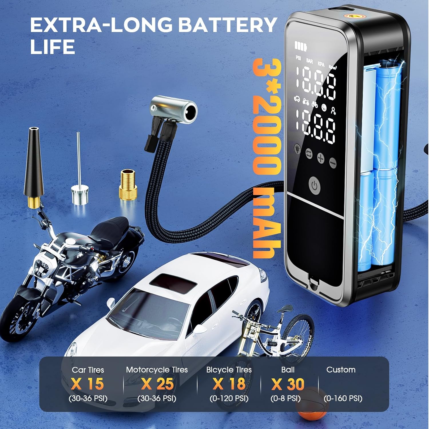 160PSI Tire Inflator Portable Air Compressor, 6000mAh Portable Tire Inflator for Car Portable Air Pump with Tire Gauge Pressure & LED Light Air Pump for Car Tires Cordless Bike Pump for Car
