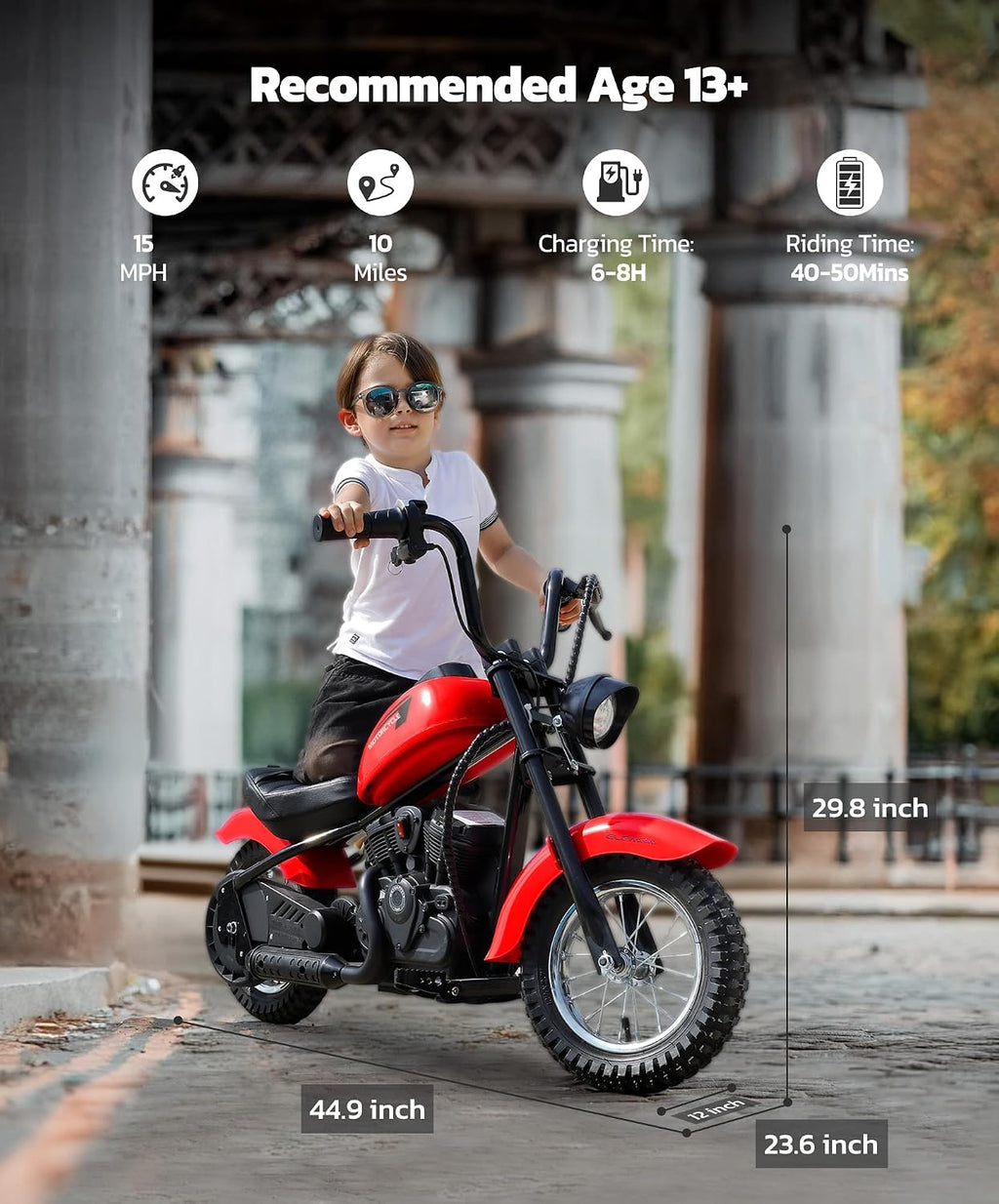ELEMARA Electric Dirt Bike, 15 mph & 150lb Max, 24V Ride on Toy for Big Kids w/LED Lights & Power Display,Chain-Driven Motor,Twist-Grip Throttle, Shock Springs,Handbrake,12' Air-Filled Tires-Red