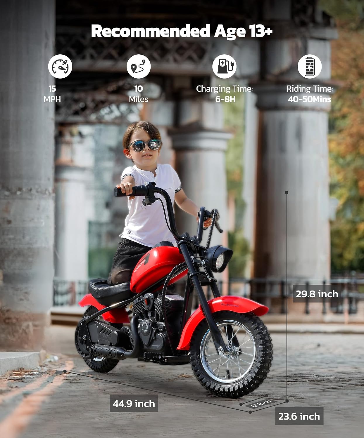ELEMARA Electric Dirt Bike, 15 mph & 150lb Max, 24V Ride on Toy for Big Kids w/LED Lights & Power Display,Chain-Driven Motor,Twist-Grip Throttle, Shock Springs,Handbrake,12' Air-Filled Tires-Red