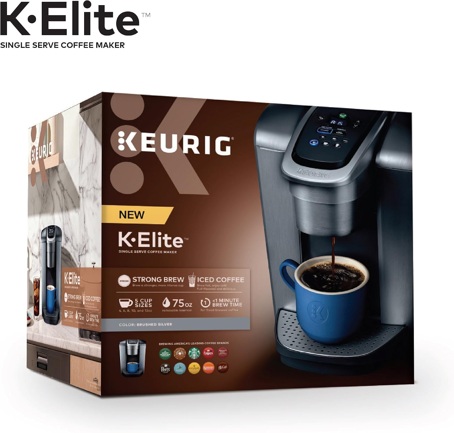 Keurig K-Elite Single Serve K-Cup Pod Coffee Maker, with Strength and Temperature Control, Iced Coffee Capability, 8 to 12oz Brew Size, Programmable, Brushed Silver