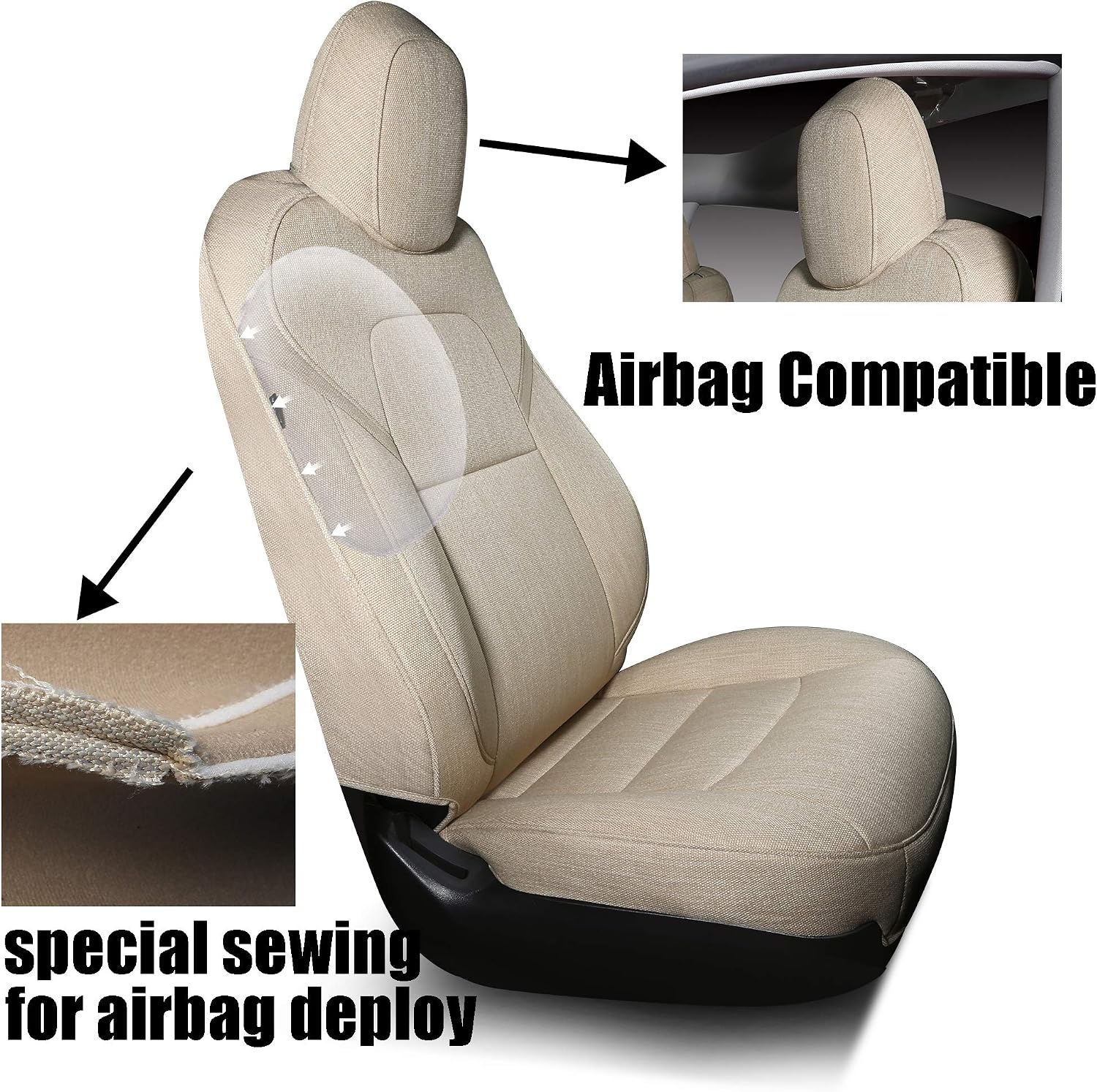 Car Seat Cover for Tesla Model 3 Synthetic Linen Cloth Breathable Sweat-Proof Seat Cushion Custom Fit for 2017 2018 2019 2020 2021 2022 (Fabric Beige 3)