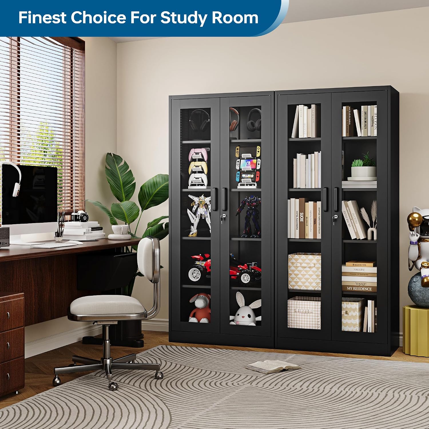 PEUKC Display Cabinet with Glass Doors, 71 Inches Metal Display Case with 4 Adjustable Shelves, Curio Storage Cabinet with Lock for Home, Office, Book, Pantry, Assemble Required (Black)