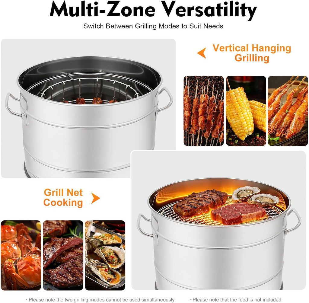 Portable Stainless Steel Charcoal Grill Barrel, 360°Smokeless BBQ Grill with Oil Tray, Large Camping Grill for Backyard, Travel and Patio Cooking, Barbecue Grill with 50 Skewers, Silver