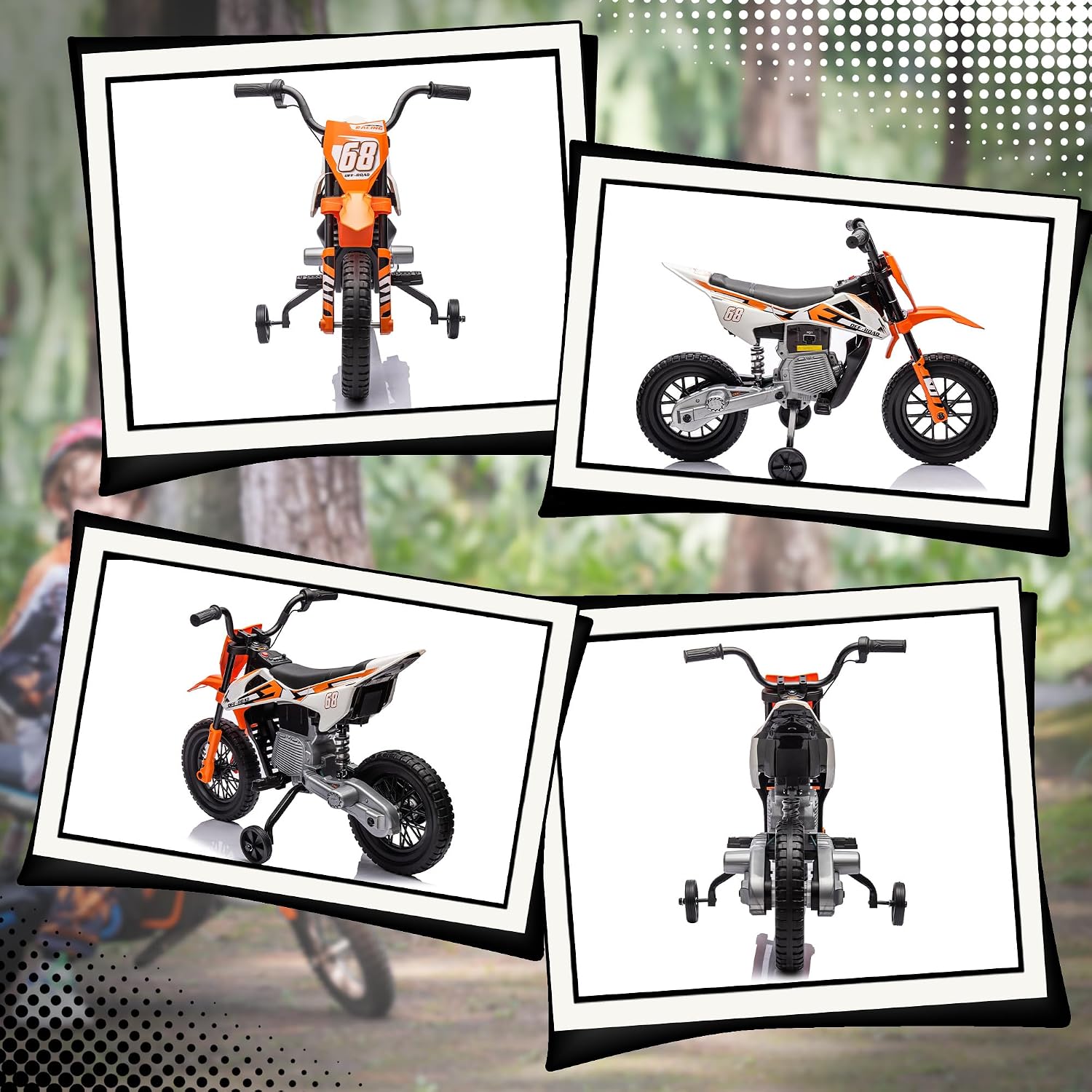 Qaba Kids Dirt Bike with Twist Grip Throttle, 12V Electric Motorcycle, Electric Bike for Toddler with Training Wheels, Spring Suspension & Music, Orange