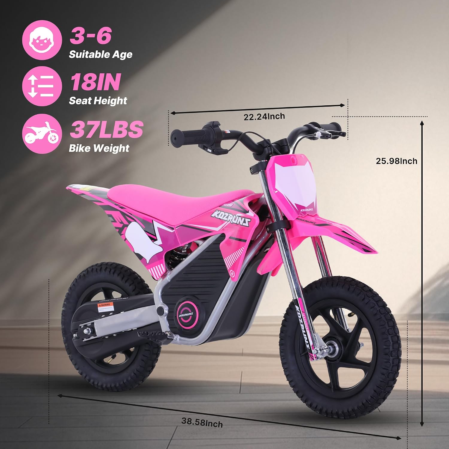 AIII Electric Dirt Bike for Kids 3-7, High Performance Racing Grade Motorcycle, Up to 8MPH, 2 Speed Settings, 12-Inch Off-Road Tires, Rear Disc Brakes & Advanced Shock Absorption, Pink