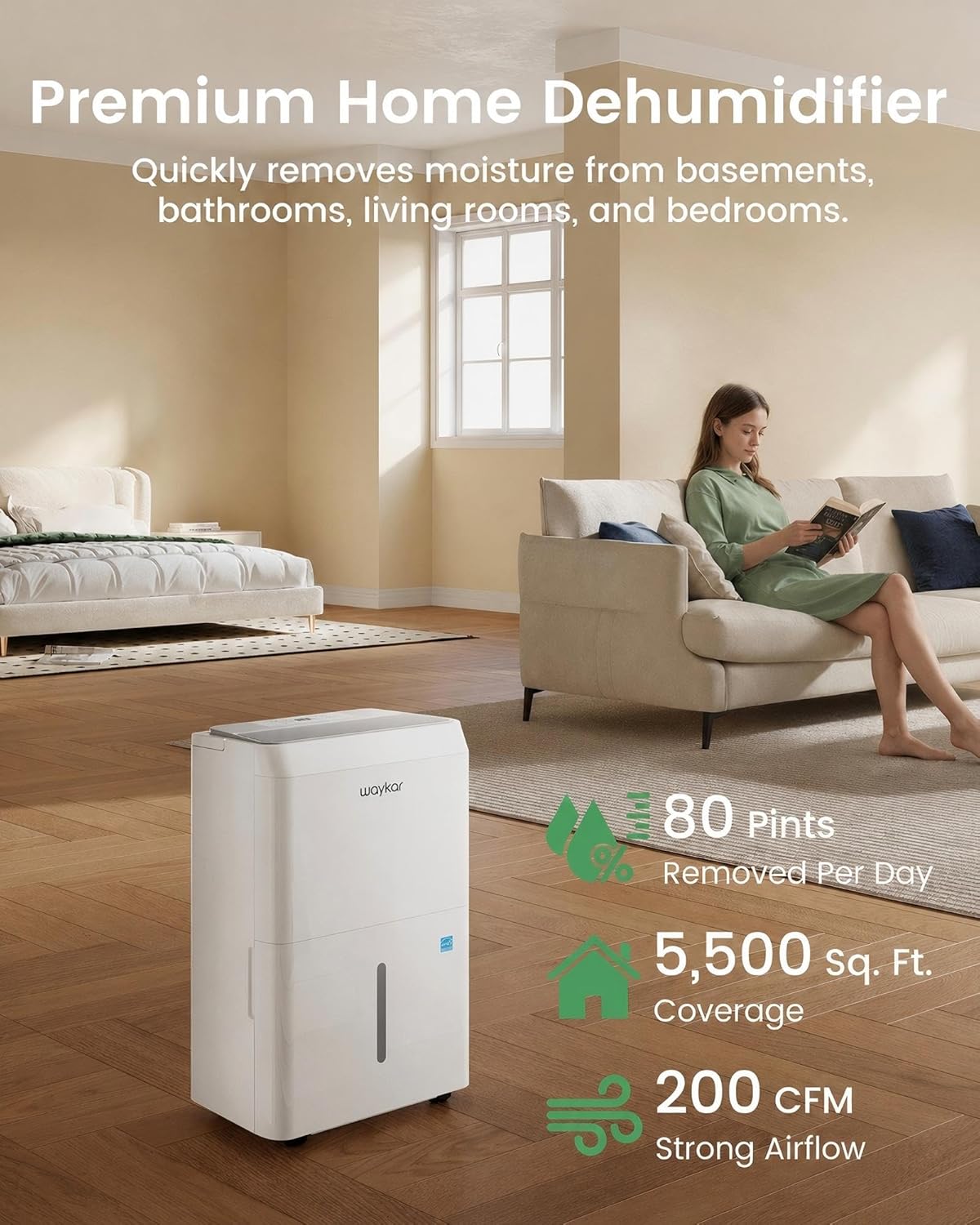 Waykar 5500 Sq.Ft Energy Star Dehumidifier for Home, Basement, Bedroom, Bathroom, Max 80 Pint/D(Standard 63 Pint/D) with Drain Hose&Water Tank, Ultra Quiet(40 dB), Intelligent Humidity Adjustment