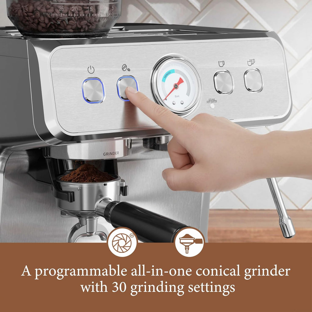 Kndko Espresso Machine with Grinder, 20 Bar Automatic Espresso Maker with Milk Frother Steam Wand, Removable Water Tank, Latte & Cappuccino Machine for Home Barista