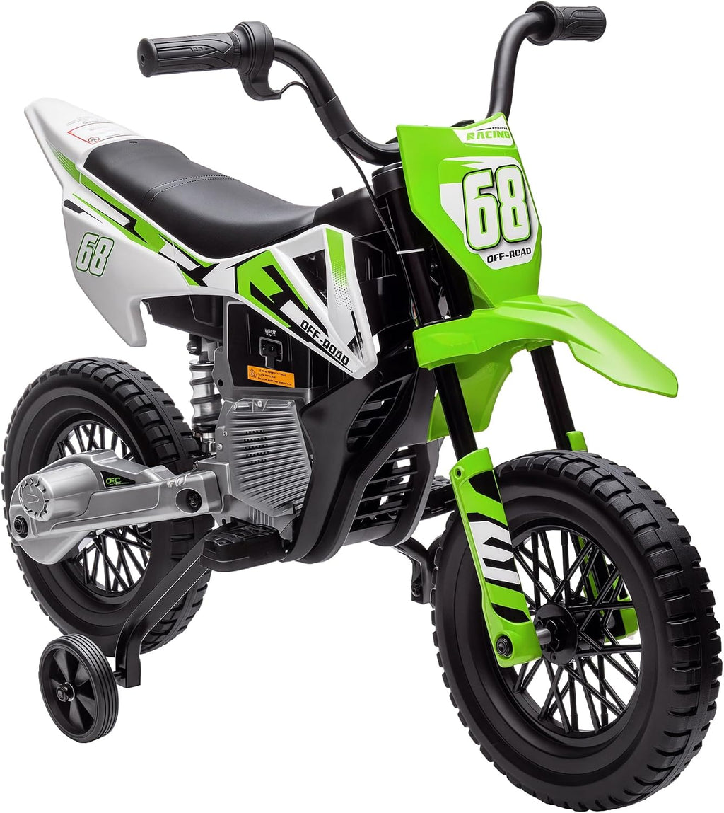 Qaba Kids Dirt Bike with Twist Grip Throttle, 12V Electric Motorcycle, Electric Bike for Toddler with Training Wheels, Spring Suspension & Music, Green