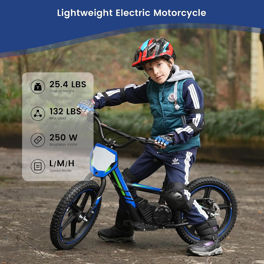 Lightweight Electric Dirt Bike for Kids, 340W Racing Electric Motorcycle, 24V Detachable Battery, Brushless Motor, Safe 3 Speed Modes, Mini Motocross Bike 16' Off Road Tires, Fit Age 5-12 Blue