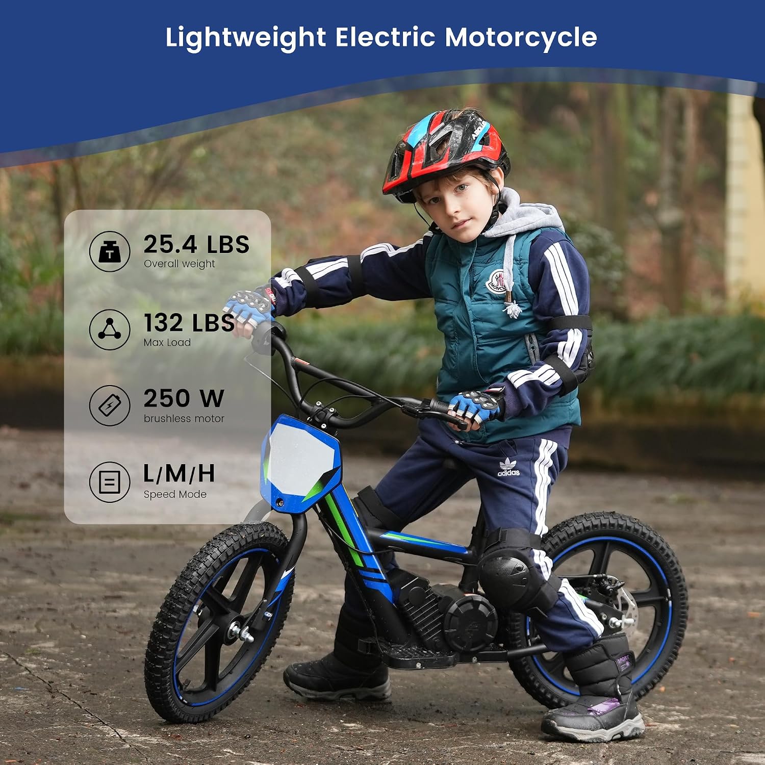 Lightweight Electric Dirt Bike for Kids, 340W Racing Electric Motorcycle, 24V Detachable Battery, Brushless Motor, Safe 3 Speed Modes, Mini Motocross Bike 16' Off Road Tires, Fit Age 5-12 Blue