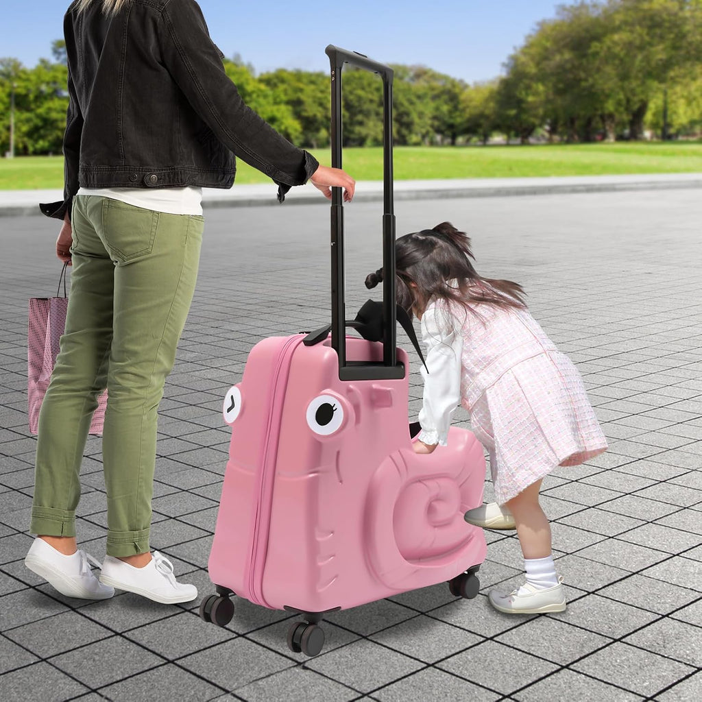 Kids Ride-On Luggage 20' with Spinner Wheels, Children's Travel Suitcase with Seat & Password Lock, Pink Cartoon Carry-On Trolley for Ages 1-6