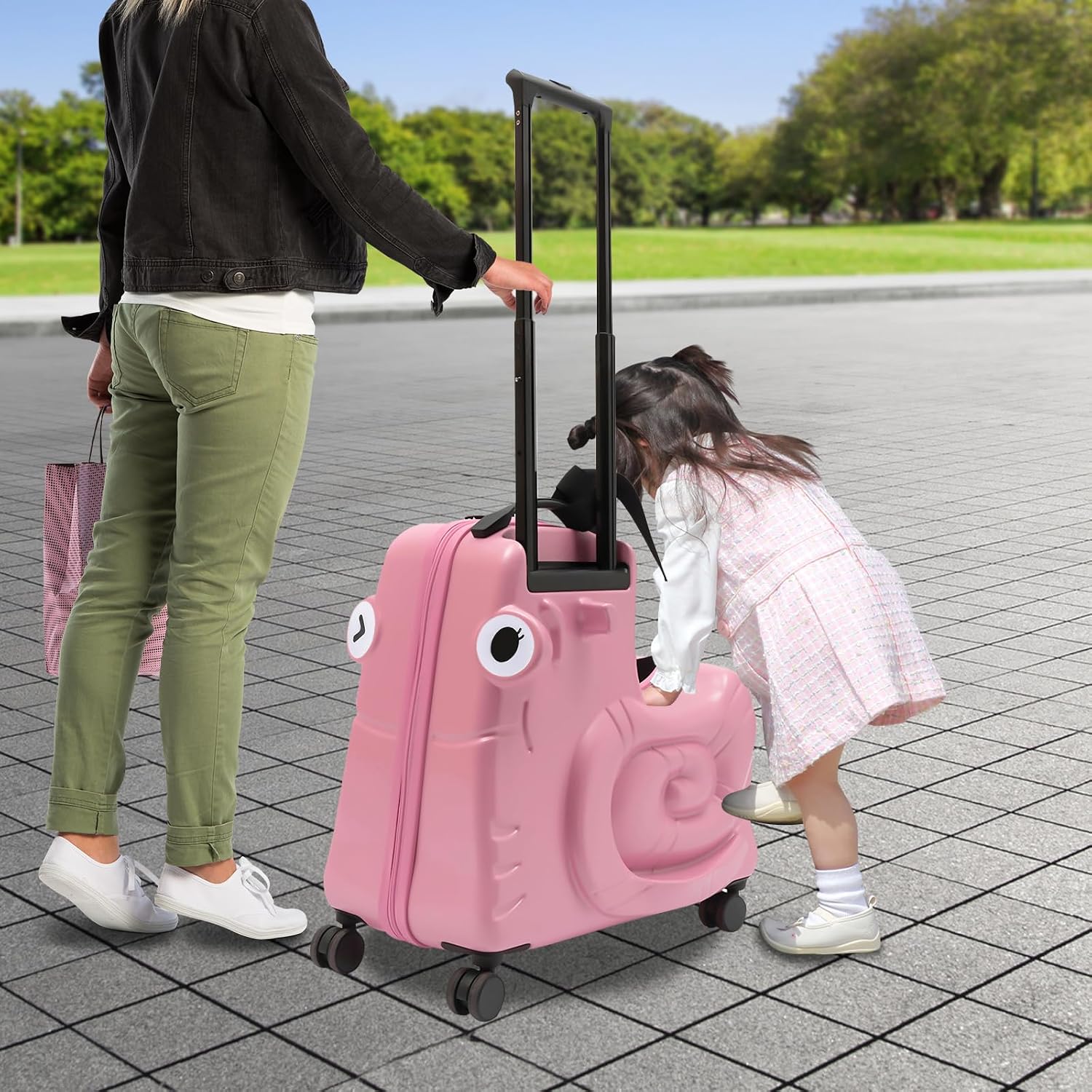 Kids Ride-On Luggage 20' with Spinner Wheels, Children's Travel Suitcase with Seat & Password Lock, Pink Cartoon Carry-On Trolley for Ages 1-6