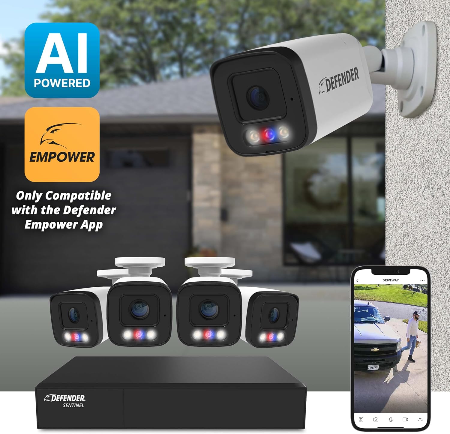 Defender AI Powered Sentinel 4K 8CH PoeE Security Camera System, 4pcs NVR Metal Outdoor Surveillance Cameras, 1TB HDD, SMART AI Human Detection, Blue/Red Lights, Works w/Empower App