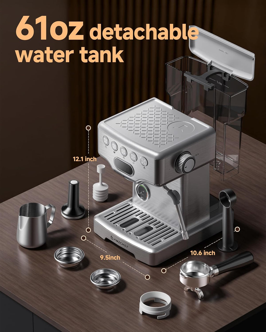 AMZCHEF Ultra Espresso Machine, 58mm Professional with PID Temperature Control for Light to Dark Roast Beans, Built-in Pressure Gauge & 10mm Steam Wand，Provides Barista-Level Lattes and Cappuccinos