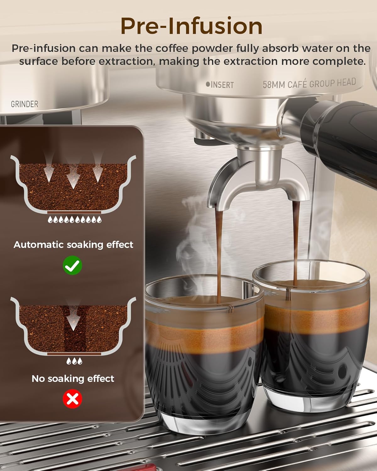 COWSAR 20 Bar Espresso Machine with Grinder & Milk Frother Steam Wand, 58mm Expresso Coffee machines, Commercial Stainless Steel Coffee Maker for Cappuccino and Latte, Perfect for Home Café-Stainless
