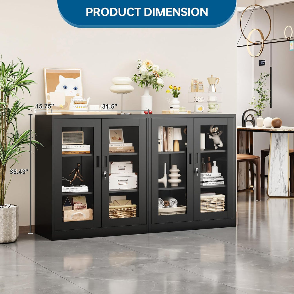 PEUKC Display Cabinet with Acrylic Doors, 35.4 Inches Metal Curio Storage Cabinet with 2 Adjustable Shelves, Locking Display Case for Home, Office, Clinic, Pantry, Assemble Required (Black)