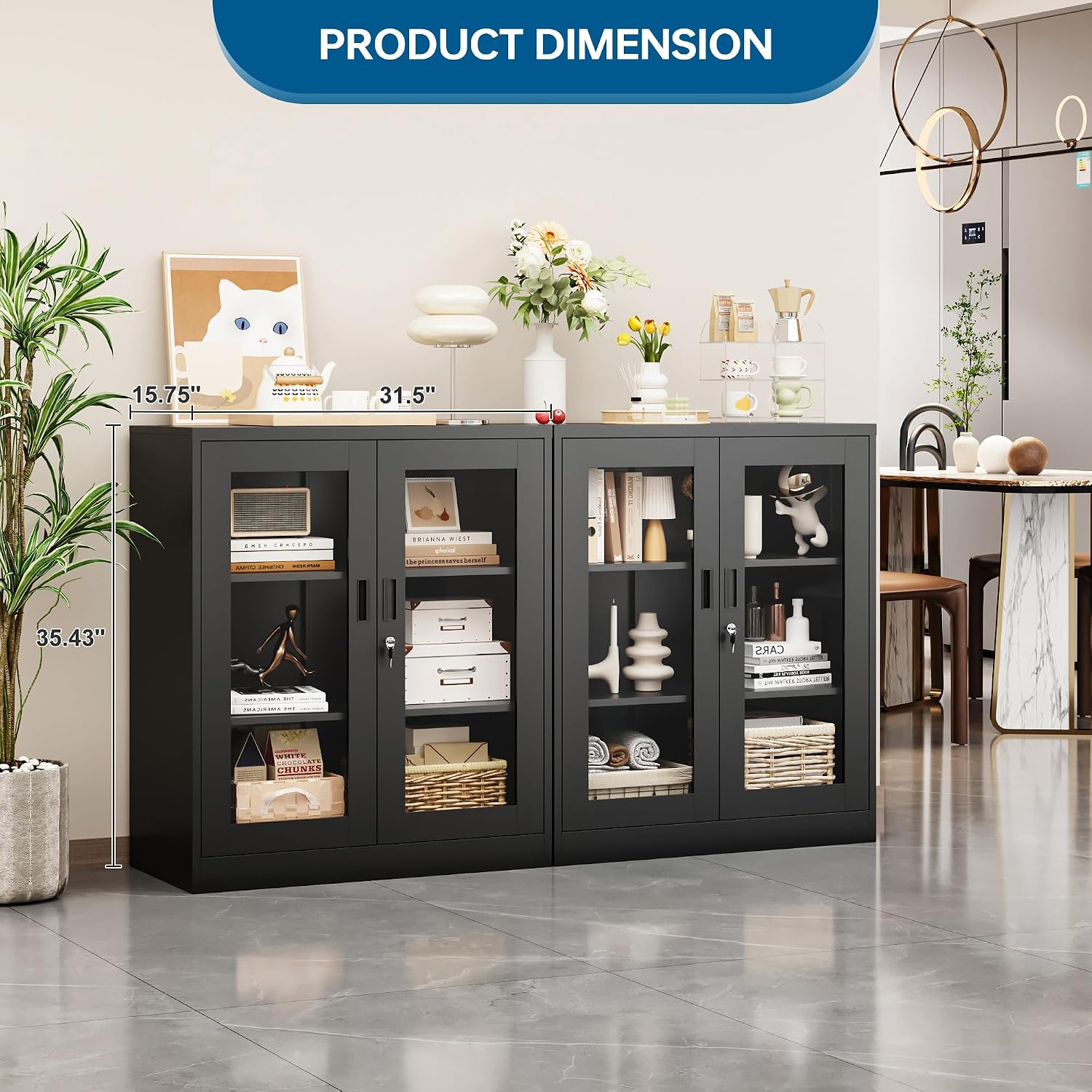 PEUKC Display Cabinet with Acrylic Doors, 35.4 Inches Metal Curio Storage Cabinet with 2 Adjustable Shelves, Locking Display Case for Home, Office, Clinic, Pantry, Assemble Required (Black)
