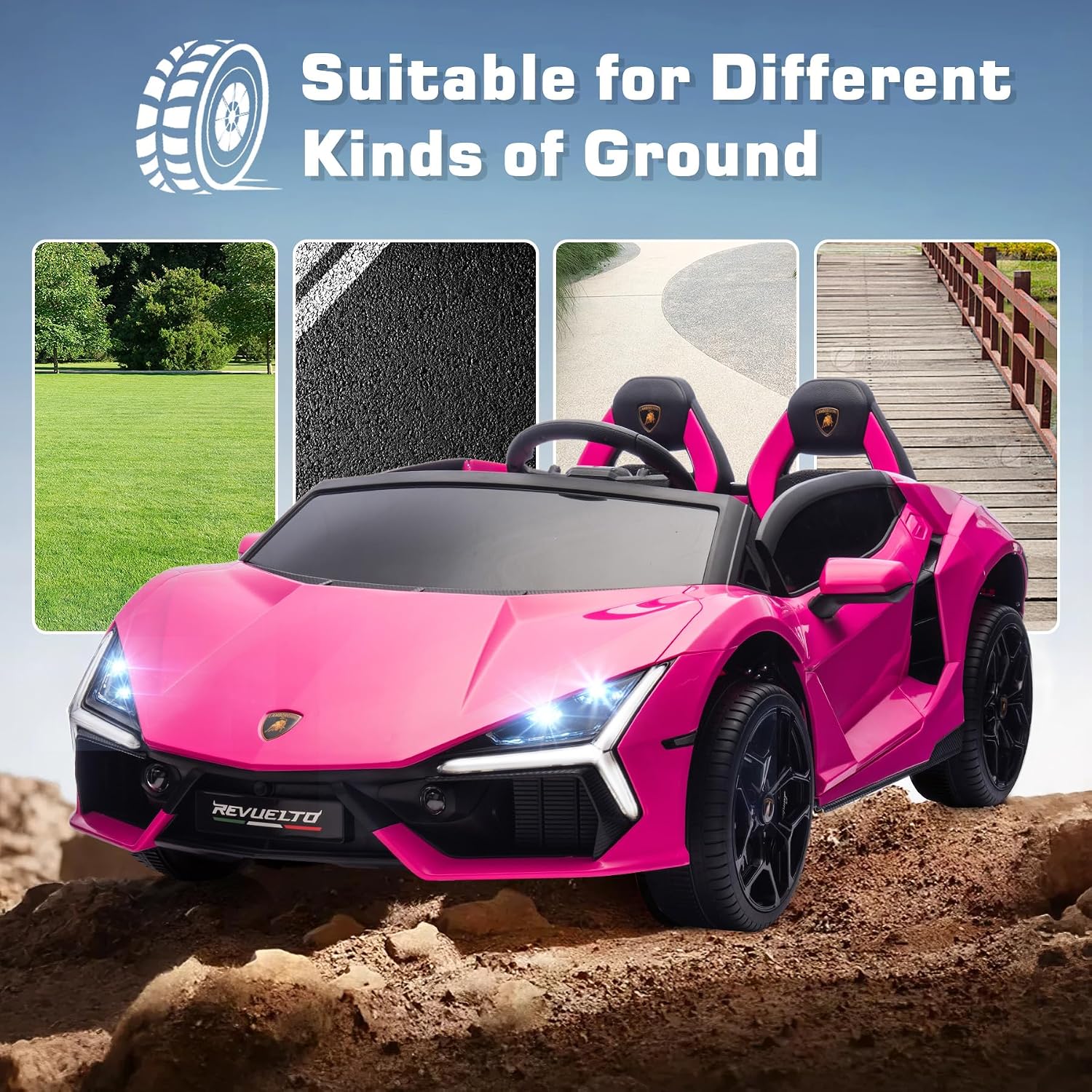 Oryxearth 2-Seater Ride on Car 24V Electric Lamborghini for Kids, 2WD with PU Leather Seats w/Adjustable Safety Belt, 2 Speeds Mode, Bluetooth, Remote Control, Gifts for Children