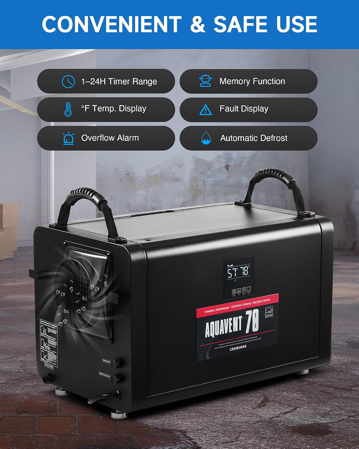 CREWORKS 145 PPD Crawl Space Dehumidifier, Commercial Dehumidifier for Basement with Built-in Hose, Professional Crawl Space Dehumidification with Auto Defrost & Detachable Display