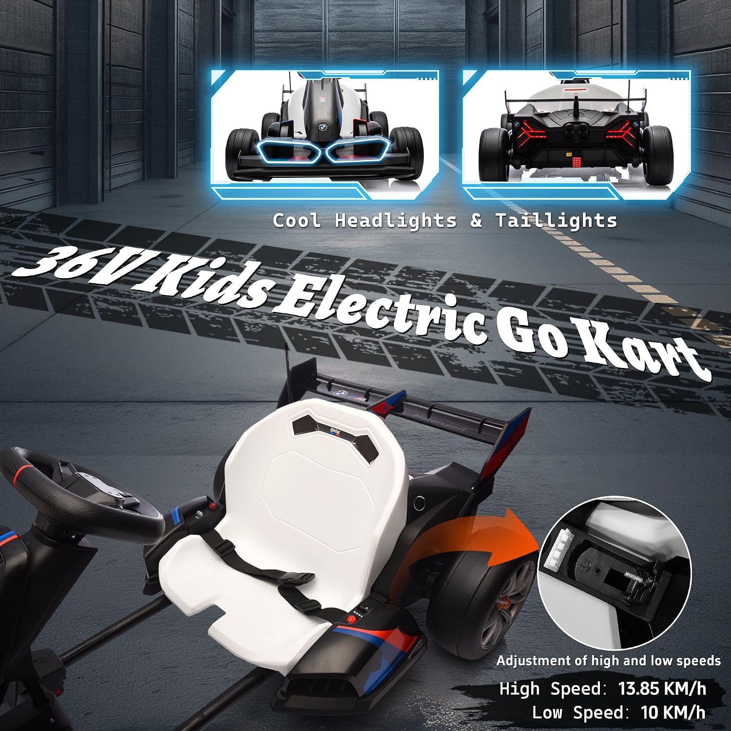 FORESEE 36V Licensed BMW Kids Electric Go Kart, Battery Powered Drift Kart w/Adjustable Seat, Ride On Toy for Big Kids Ages 6+, 8.6MPH Racing Go Cart w/600W Motor, LED Lights & Safety Belt, Black