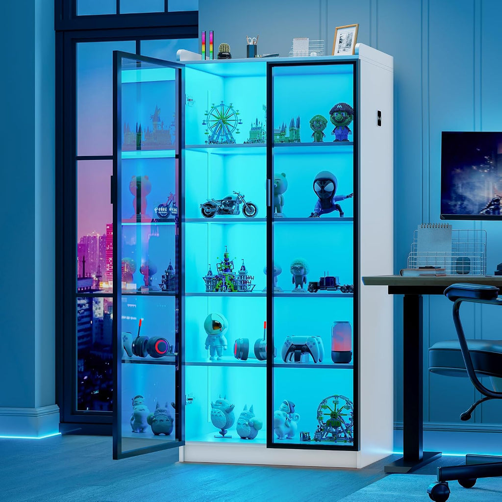 Lvifur 65' LED Display Cabinet with Lights for Living Room, 5 Tier Bookcase with Adjustable Shelves for Office, Tall Storage Cabinet with Human Body Induction for Collectibles (White)