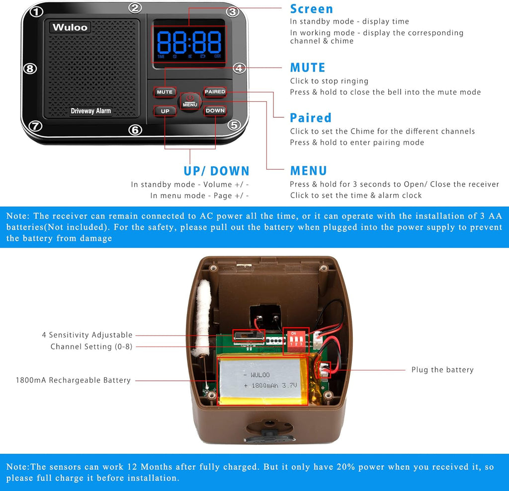 Solar Driveway Alarm Wireless Outside 1800ft Range, Outdoor Motion Sensor & Detector Driveway Alert System with Rechargeable Battery/Weatherproof/Mute Mode(1&4-Brown)