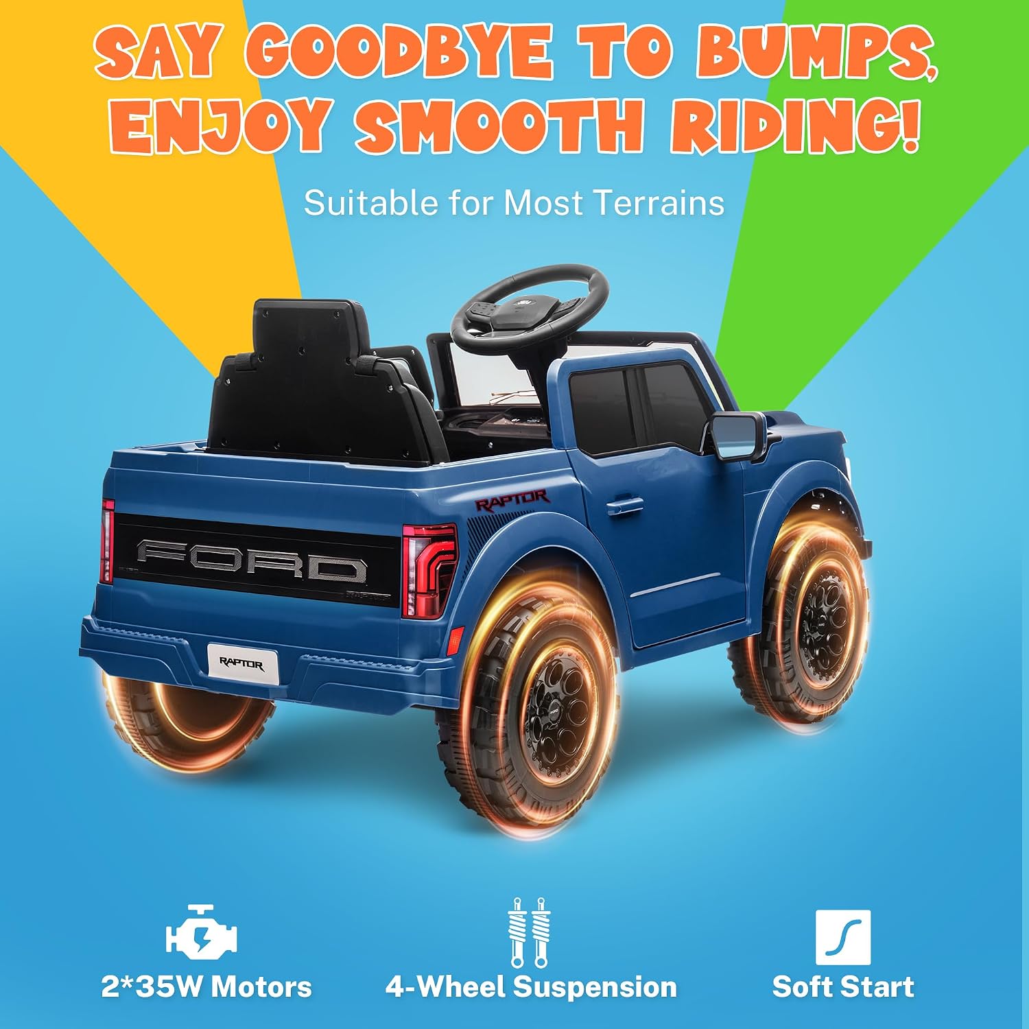ENYOPRO 12V Licensed Ford F-150 Raptor Toddler Ride On Car w/Remote Control, Battery Powered Kids Electric Car w/LED Lights, Bluetooth, Soft Start, 4-Wheel Shock Absorber, Truck Bed Storage (Blue)