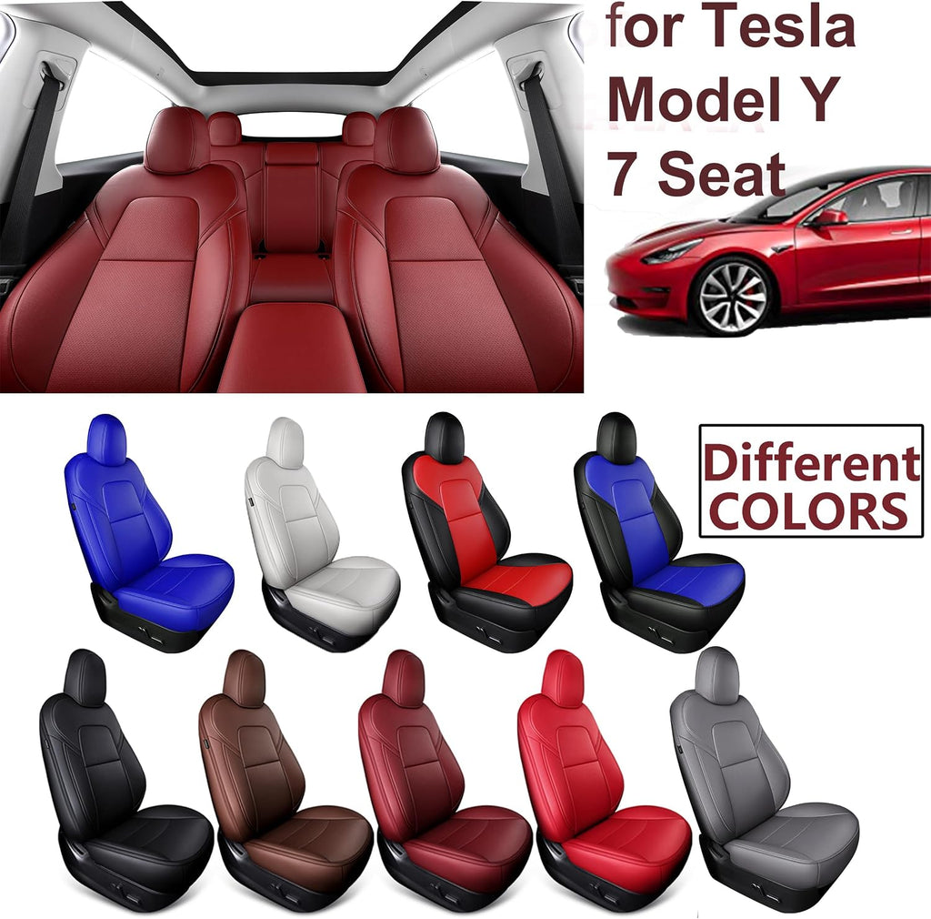 Custom Fit for Tesla Model Y 7 Seater Version the First and Second Row Car Seat Cover Original Synthetic Napa Leather Protector for 2020 2021 2022 2023 2024 (7 Seat 2 Rows Napa Brown)