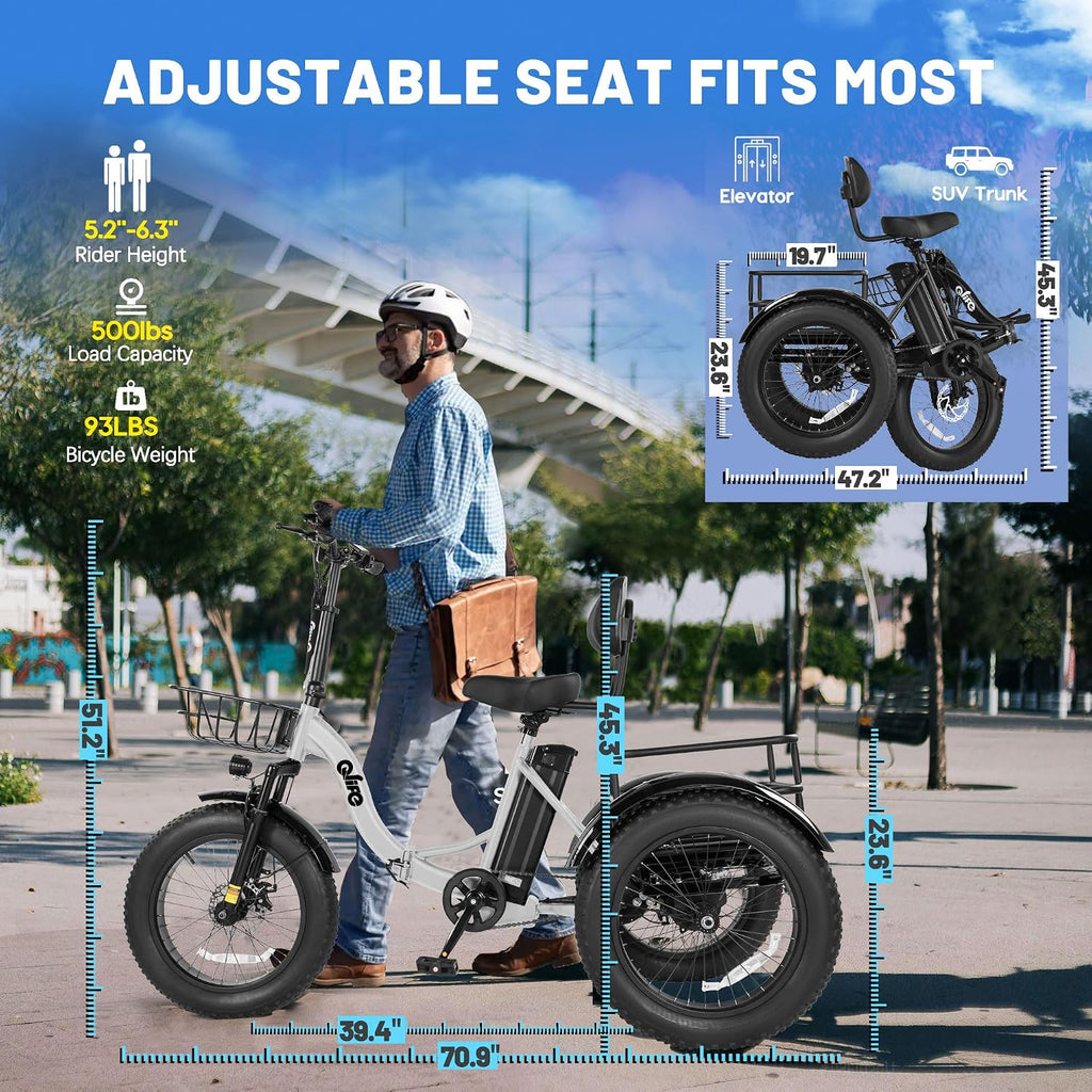 Qlife Triker Plus Electric Trike for Adults, Peak 1200W Motor Floding Trike Ebike, 624Wh E-Bike, 20MPH 65 Miles Electric Tricycle for Adults, 20x4.0 Fat Tire E-Bike, Foldable 3 Wheel for Adults