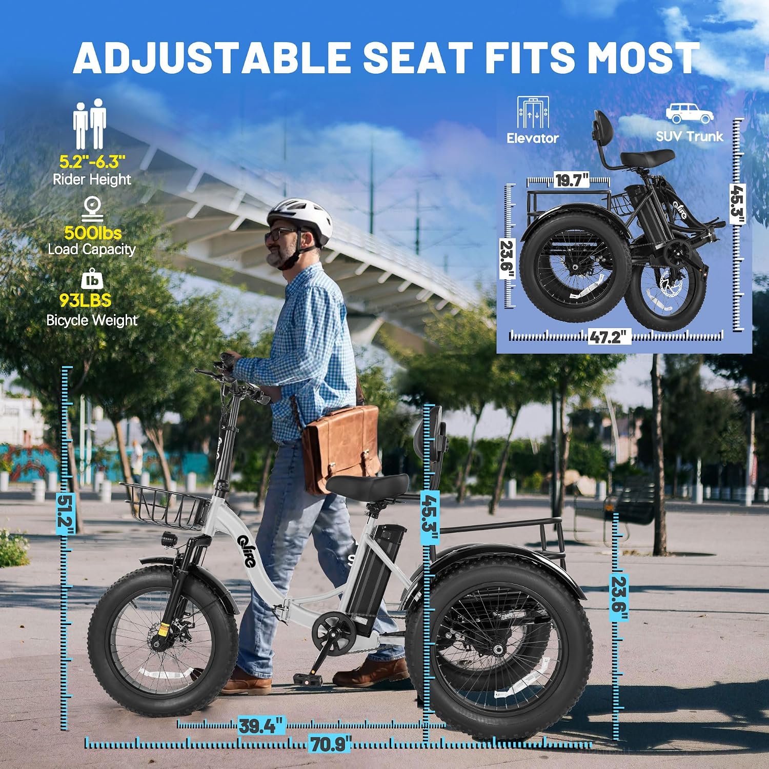 Qlife Triker Plus Electric Trike for Adults, Peak 1200W Motor Floding Trike Ebike, 624Wh E-Bike, 20MPH 65 Miles Electric Tricycle for Adults, 20x4.0 Fat Tire E-Bike, Foldable 3 Wheel for Adults