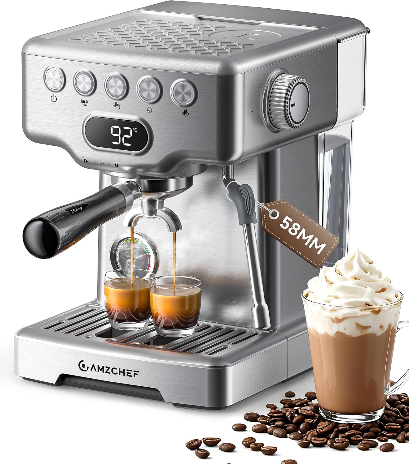 AMZCHEF Ultra Espresso Machine, 58mm Professional with PID Temperature Control for Light to Dark Roast Beans, Built-in Pressure Gauge & 10mm Steam Wand，Provides Barista-Level Lattes and Cappuccinos