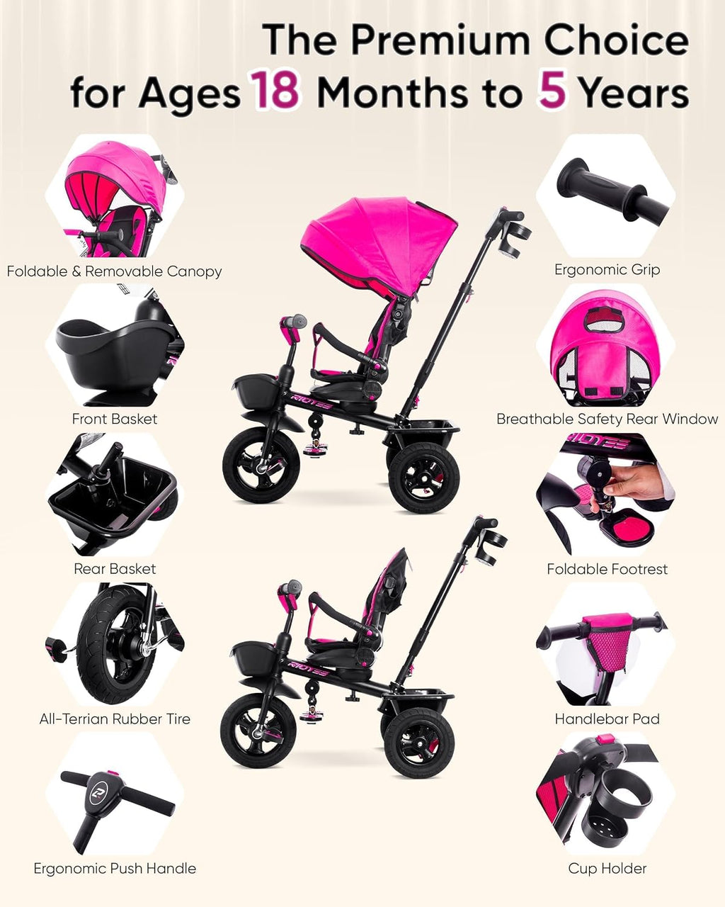RIDYEE 7-in-1 Tricycle for 18 Months to 5 Years, All-Terrain Rubber Tires, Dual Wheel Brakes, Rotatable Seat for Toddlers 1.5-3, Tricycle for 3-5 Years with DIY Stickers, Pink