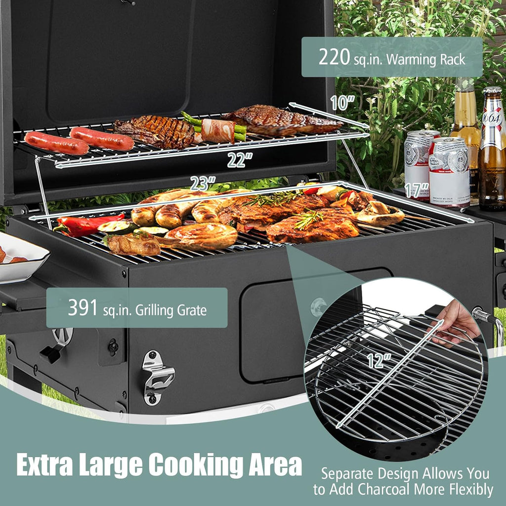 Giantex Charcoal Grill 24 inch, BBQ Grill with 2 Foldable Side Table, Adjustable Charcoal Tray, Pull-out Ash Tray, Heavy Duty Barbecue Grill with Wheels for Outdoor Cooking Camping Backyard Party