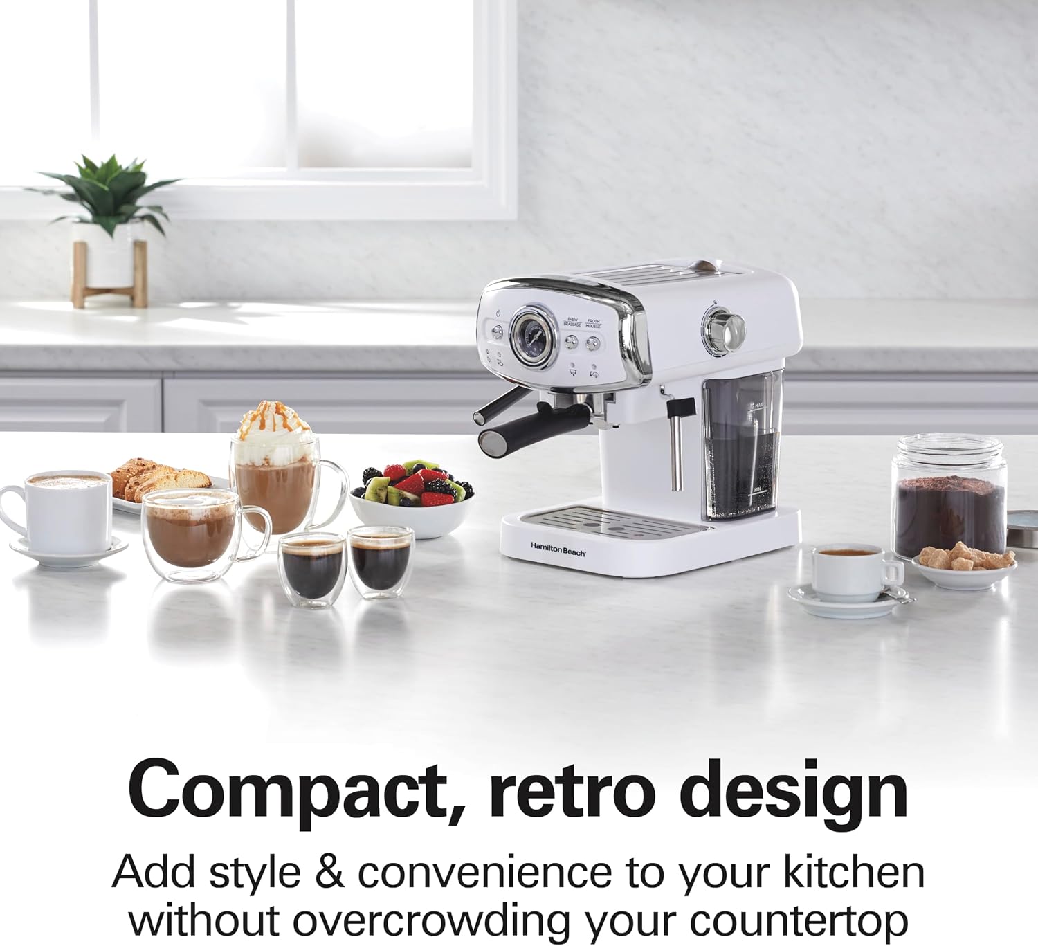 Hamilton Beach Slide & Lock Espresso Machine With Milk Frother Steam Wand For Cappuccino & Latte, 15 Bar Pump and Two Spouts, Removable Reservoir, Compact, Retro Design, White (40731)