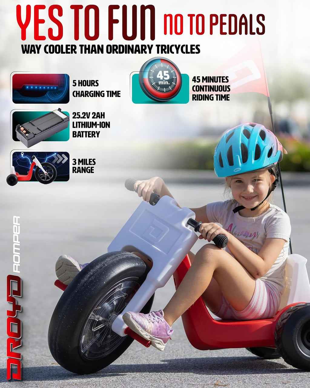 Droyd Romper Electric Tricycle for Kids 3+ Years, 24V Toy 3-6 MPH Max Speed & 45 Mins Max Long Lasting, Parental Speed Control Safe Trike with Adjustable Seat & LED Lights for Kids Gifts