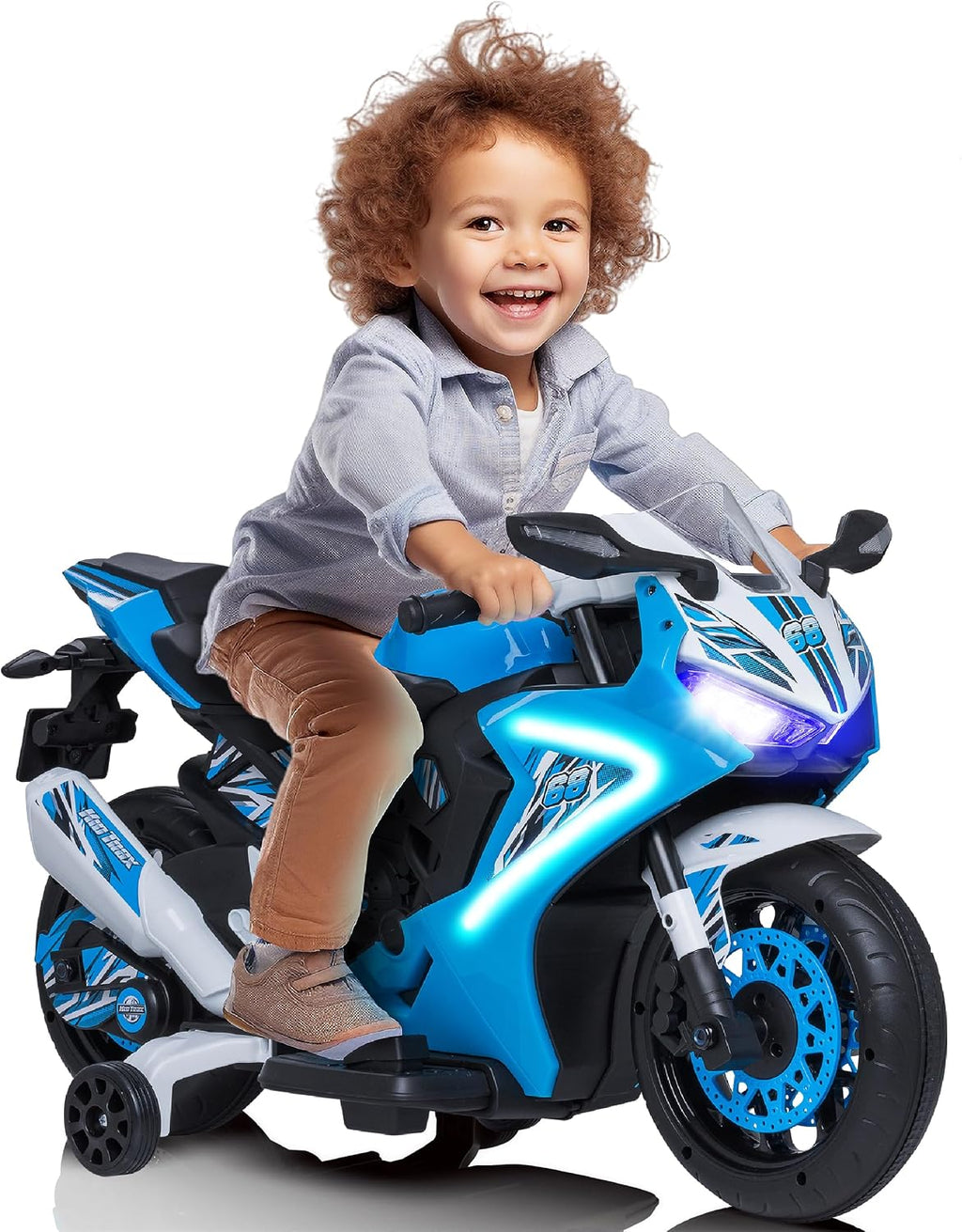 Kid Trax 6V Glow Electric Toddler Kids Motorcycle - Toddler Bike, Indoor/Outdoor Toys, Durable, LED Headlights and Body Light, Realistc Sounds, Kids Ride On Toys, Max Weight 65lbs, Ages 3+, Blue