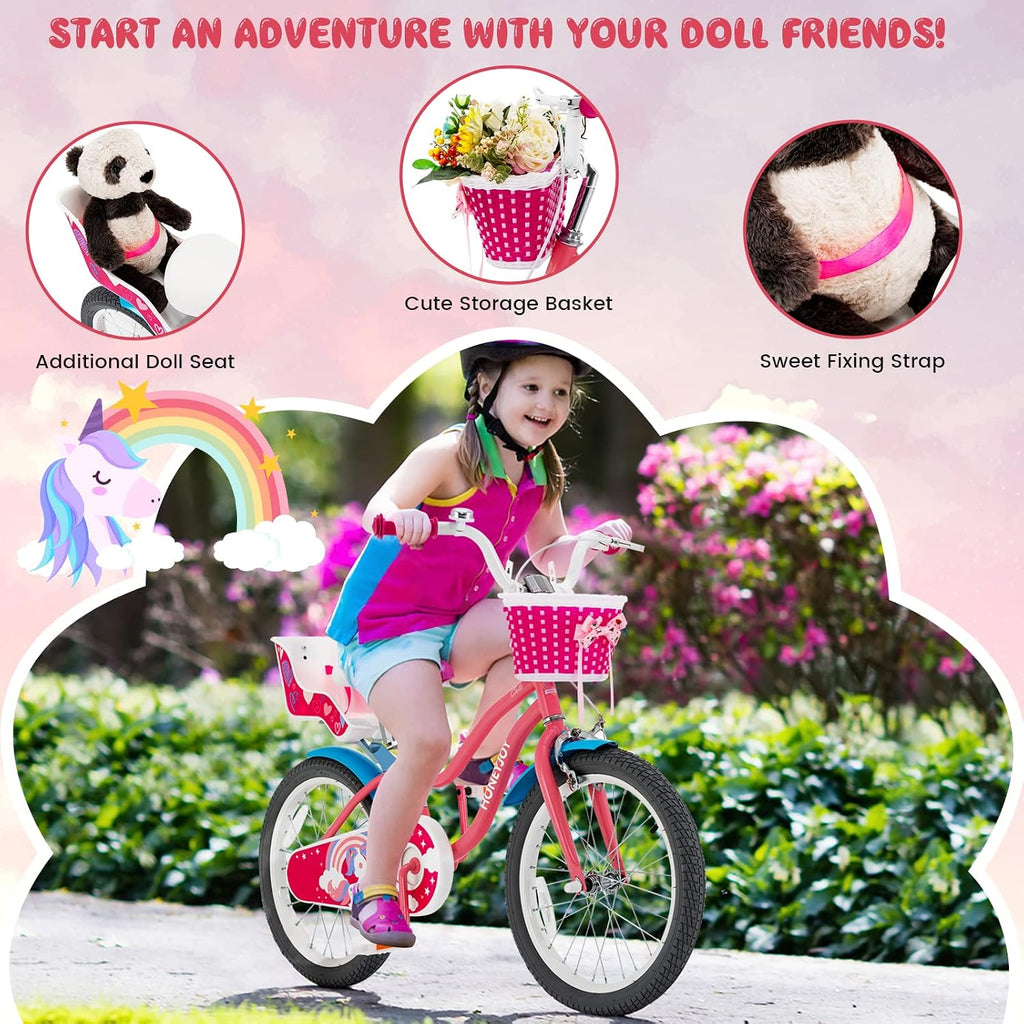 HONEY JOY Kids Bike, 14 16 18 Inch Girls Bike for Toddlers w/Training Wheels, Handbrake & Coaster Brake, Steel Frame, Fully Enclosed Chain, Little Princess Style Children Bicycle, Gift for Girls 3-8