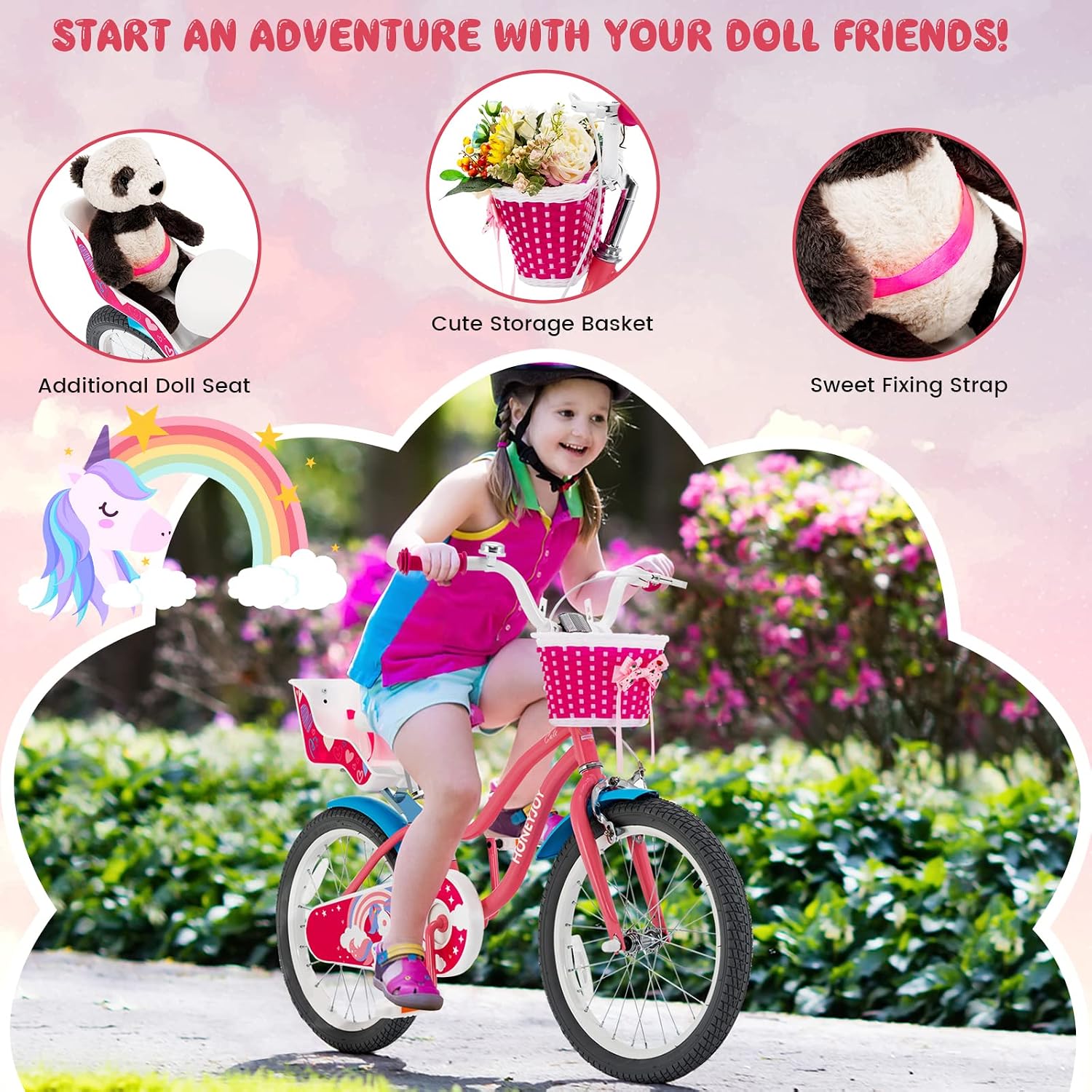 HONEY JOY Kids Bike, 14 16 18 Inch Girls Bike for Toddlers w/Training Wheels, Handbrake & Coaster Brake, Steel Frame, Fully Enclosed Chain, Little Princess Style Children Bicycle, Gift for Girls 3-8