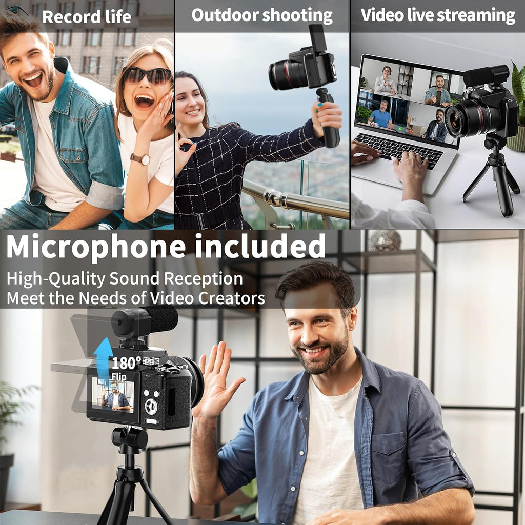 NBD 64MP Digital Cameras for Photography,8K Vlogging Cameras for YouTube,16X Optical Zoom Travel Point and Shoot Digital Cameras Fotograficas with 180°Flip Screen,58mm UV Lens,2 Batteries（Black）